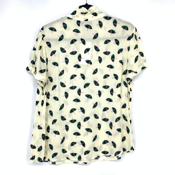 Modcloth Tie Neck Short Sleeve Blouse Womens Size Medium Cream Umbrella Print - Picture 2 of 9